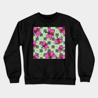 Bauhinia Flower with Mint Green Tile Floor Pattern - Summer Flower Pattern Crewneck Sweatshirt